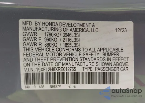 2024 Honda Civic Sport z USA, uszkodzony, nr VIN 19XFL2H8XRE012765